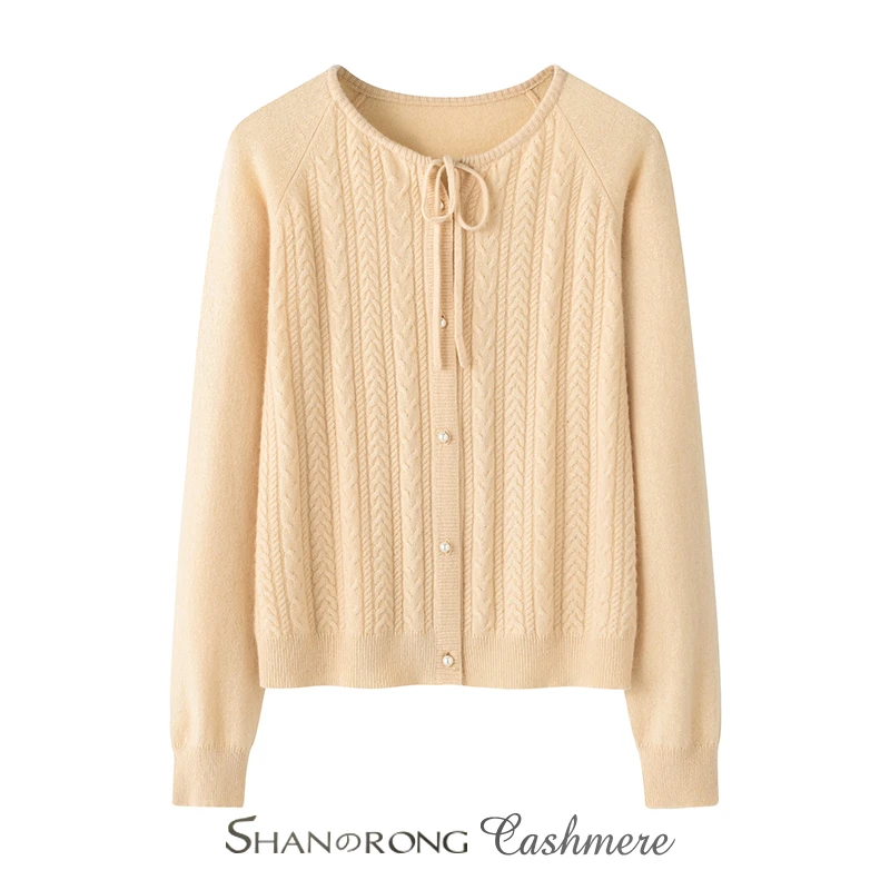 羊绒开衫女圆领插肩袖100山羊绒绞花气质优雅抽绳针织外套薄款