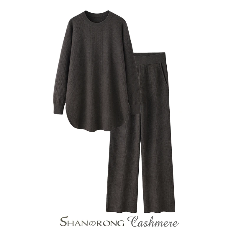 老钱风针织两件套毛衣~100纯山羊绒宽松斜下摆套头衫+直筒裤套装