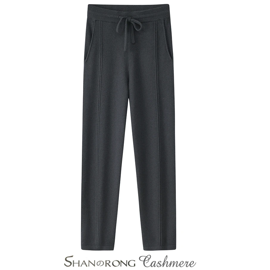 针织哈伦裤女加厚100%纯山羊绒松紧腰运动风直筒收口修身保暖长裤