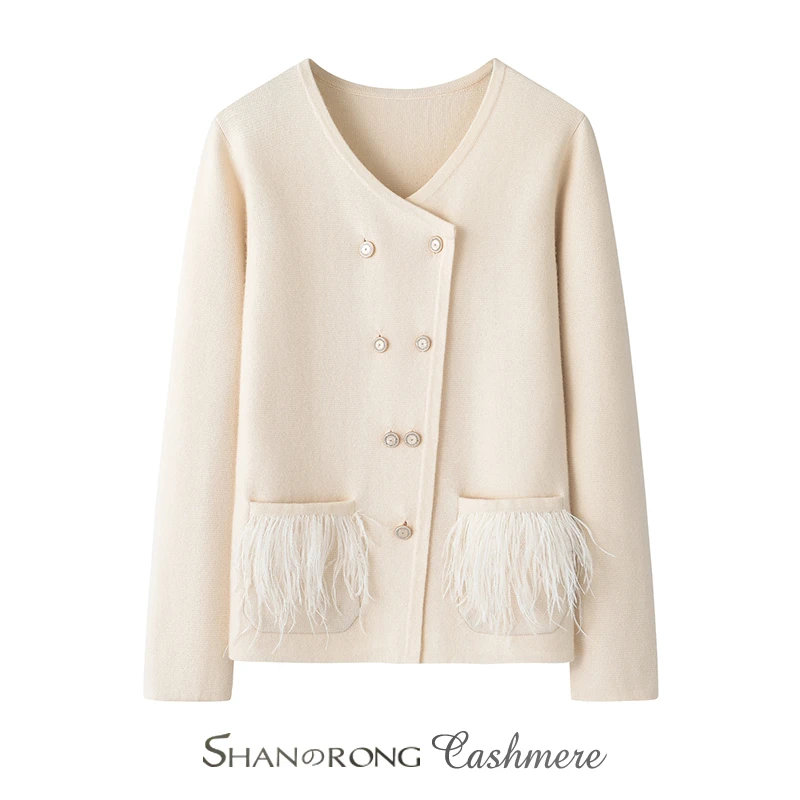 秋冬新品100山羊绒针织斜门襟系扣针织开衫流苏羊绒开衫女士加厚