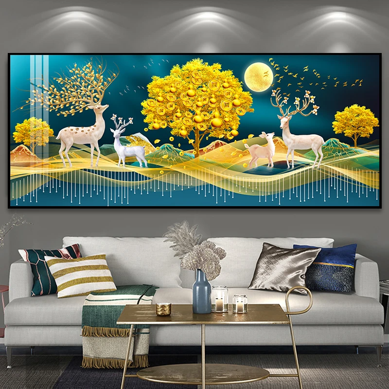 5d钻石画满钻新款招财麋鹿发财树手工点砖贴钻钻十字绣新款LD023