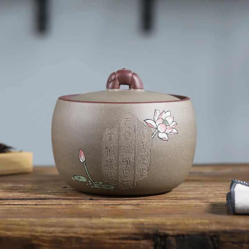 一斤装紫砂醒茶罐家用小号普洱茶散茶罐刻绘陶瓷罐原矿手工茶叶罐