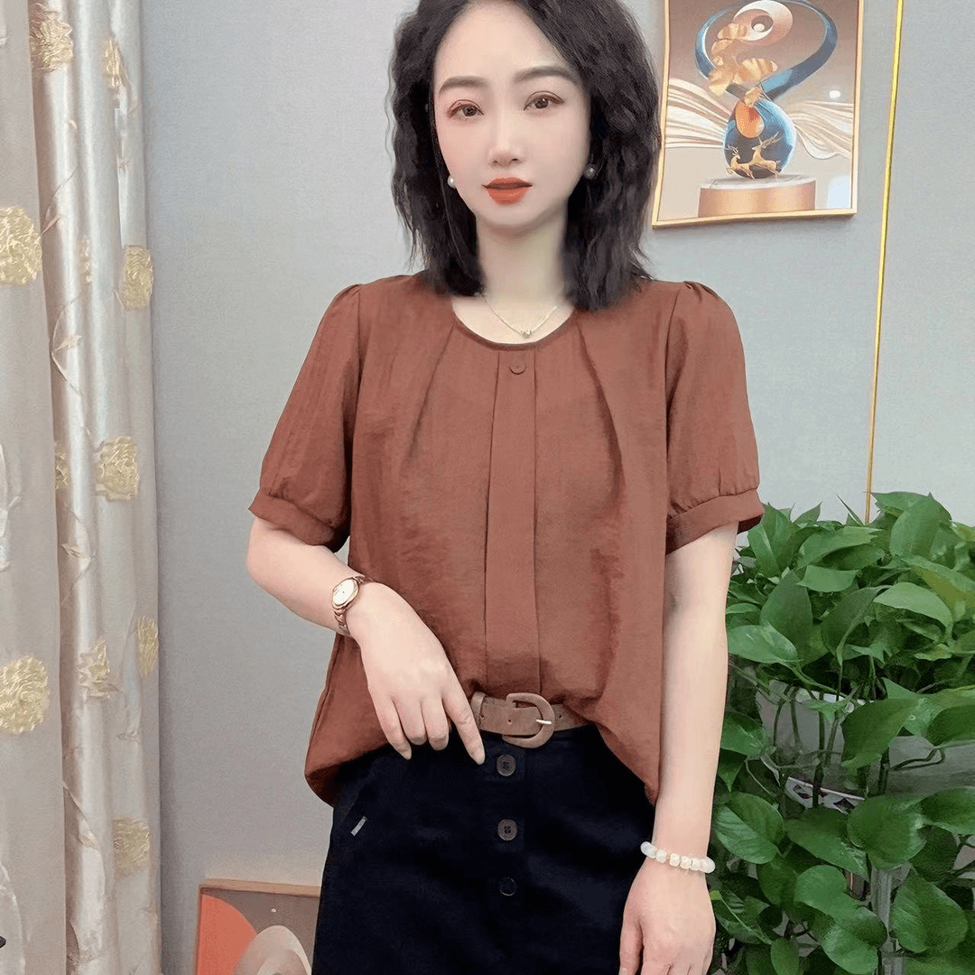 夏季新款时尚洋气圆领一粒扣韩版女装显瘦百搭短袖女士上衣