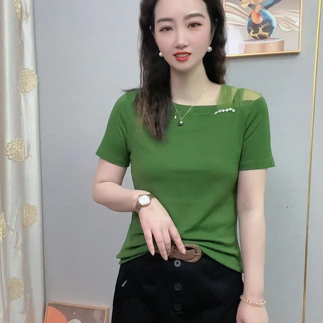 夏季新款不规则领洋气露肩网纱时尚百搭t恤女修身显瘦短袖上衣