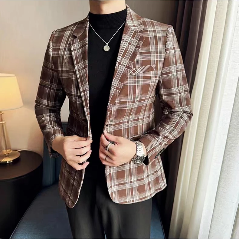 Y 200-399 直播专用 男士春秋时尚休闲潮流修身格子韩版男西服