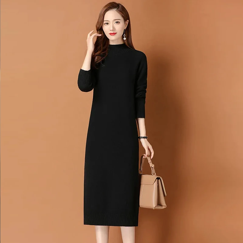 100纯羊绒衫女半高领秋冬长款过膝毛衣裙宽松百搭羊毛针织打底衫