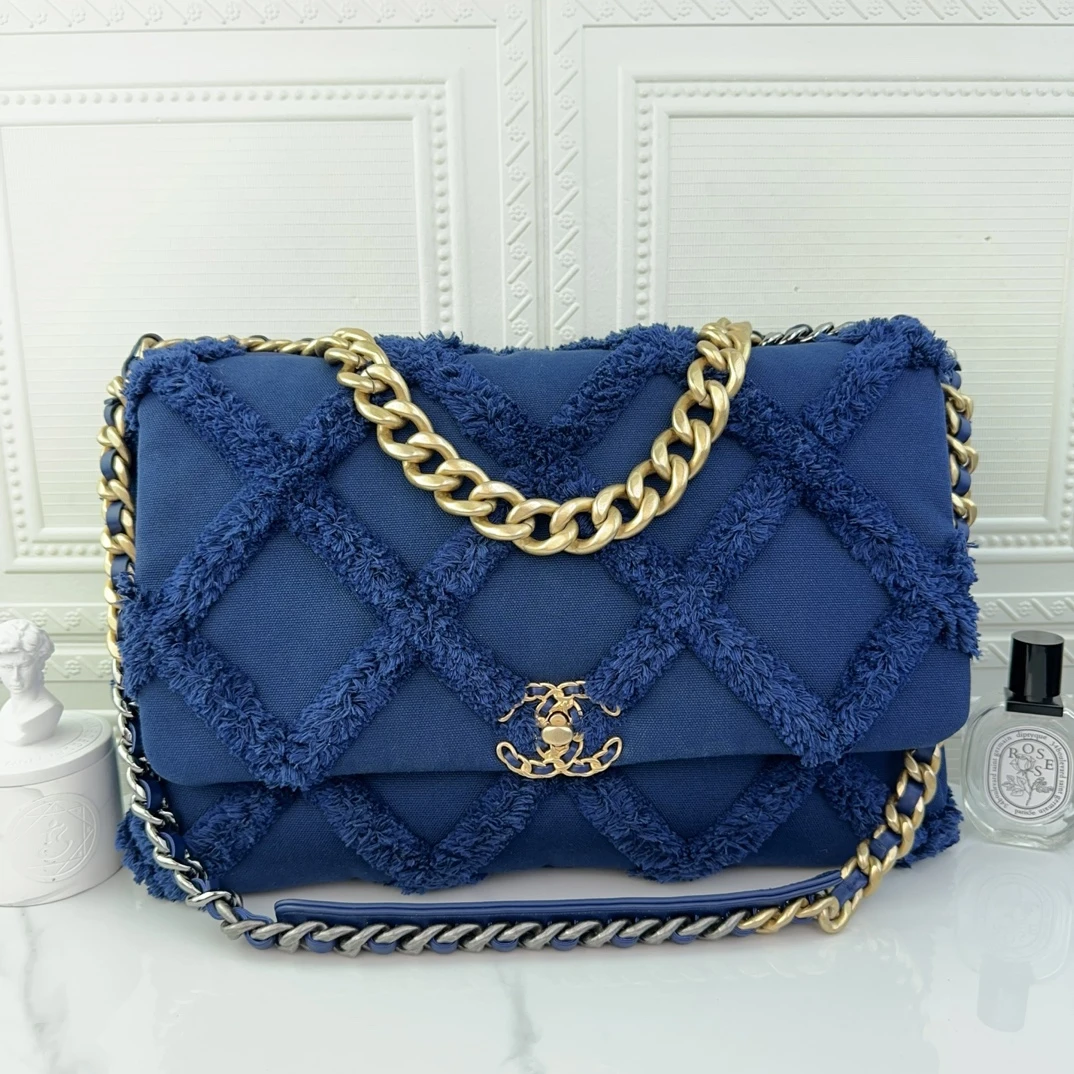 99新 Chanel/香奈儿 男女同款时尚蓝金19bag maxi 牛仔流苏二奢包