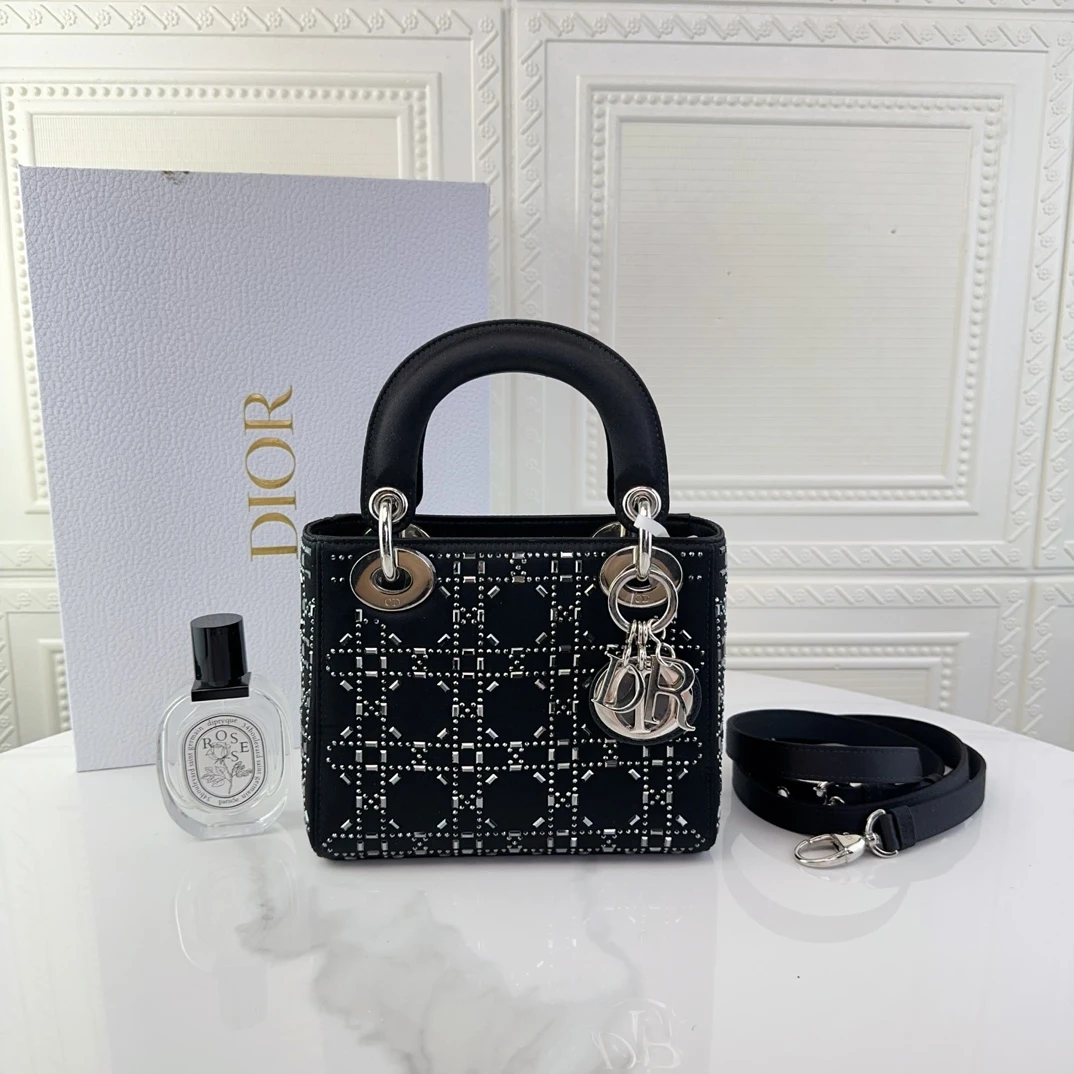 99新 DIOR/迪奥 女士时尚三格缎面 丝绸 水晶 戴妃手提包二奢包包