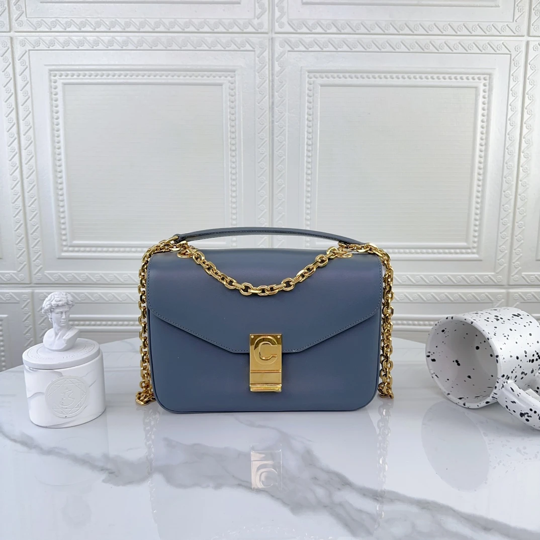 99新 Celine/思琳 女士时尚轻奢牛皮蓝色斜跨单肩链条包 二奢包包