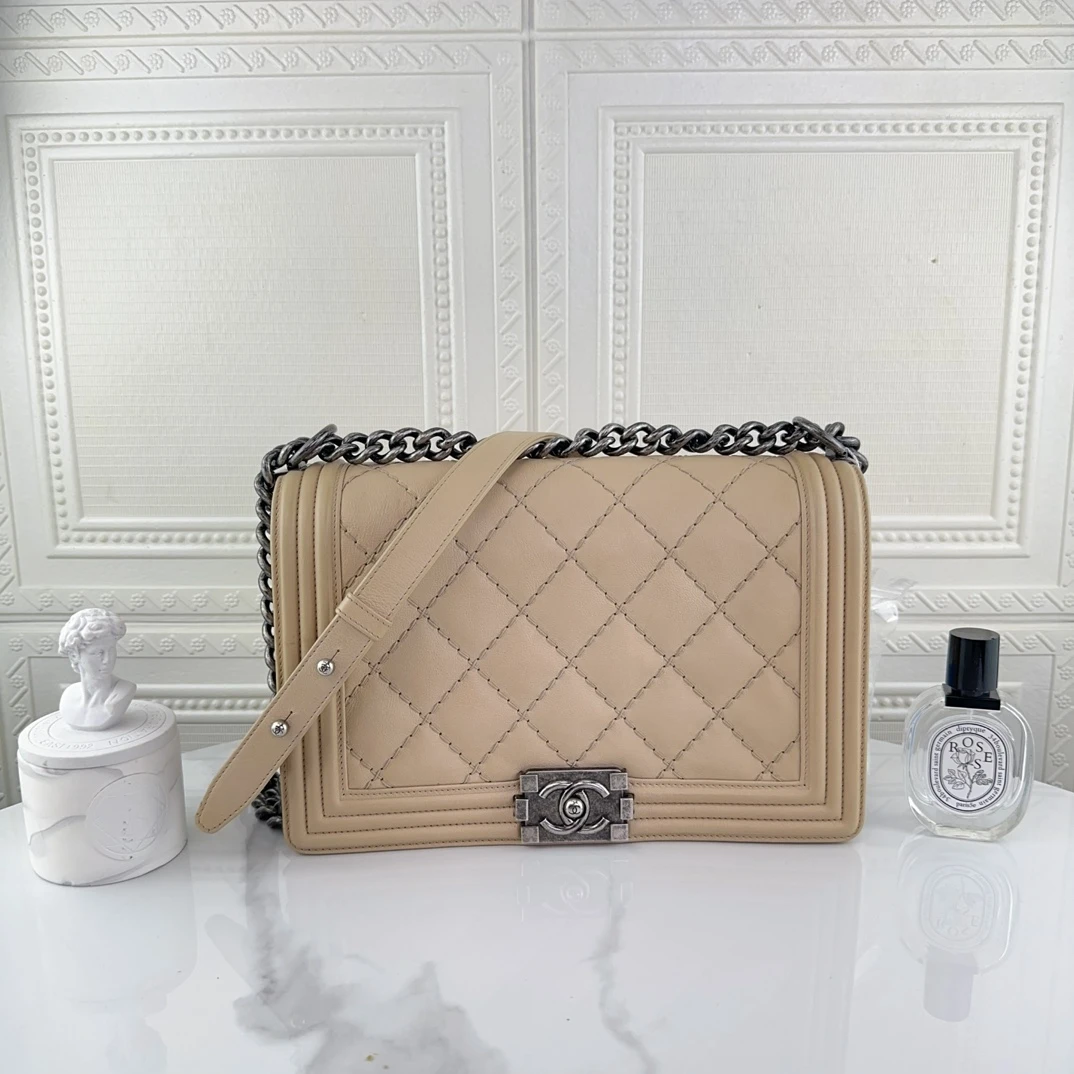 99新 Chanel/香奈儿 米色外缝线牛皮leboy中大号单肩链条二奢包包