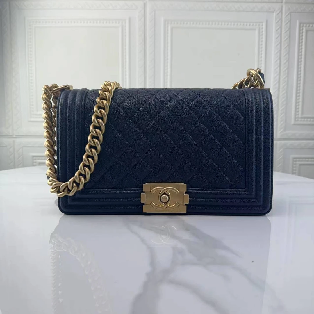 99新 Chanel/香奈儿 女士经典荔枝皮蓝金中号leboy斜挎二奢包包