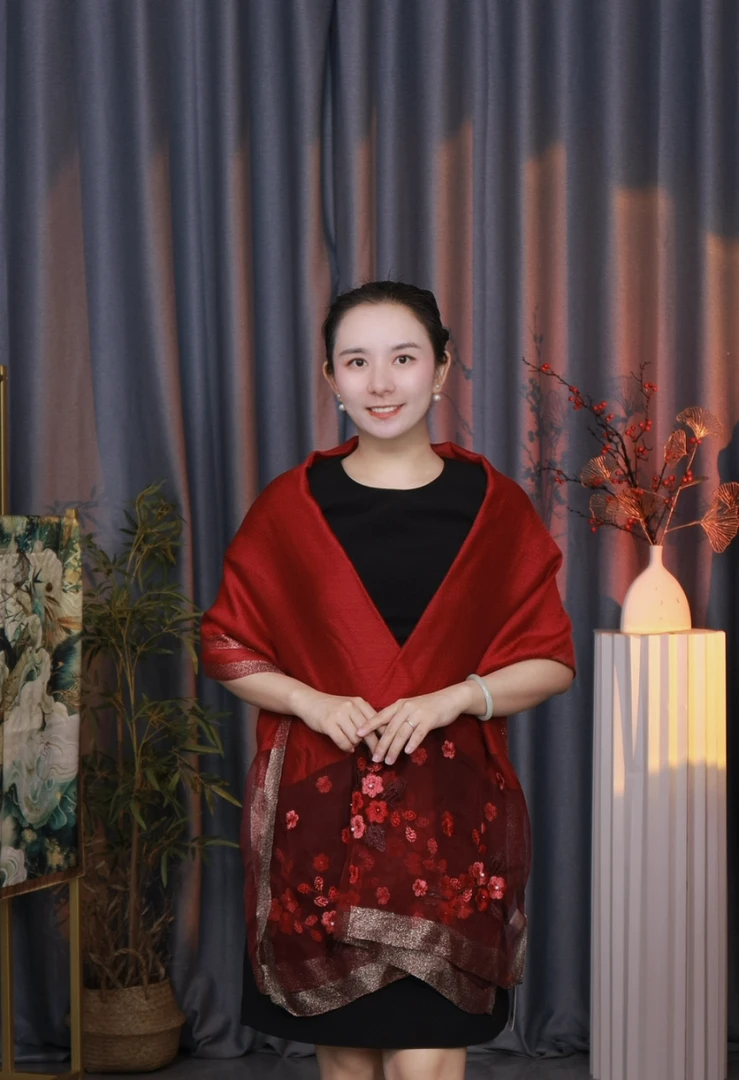 【红色-真丝羊毛丝巾】中国风手工刺绣海棠花羊毛真丝丝巾披肩