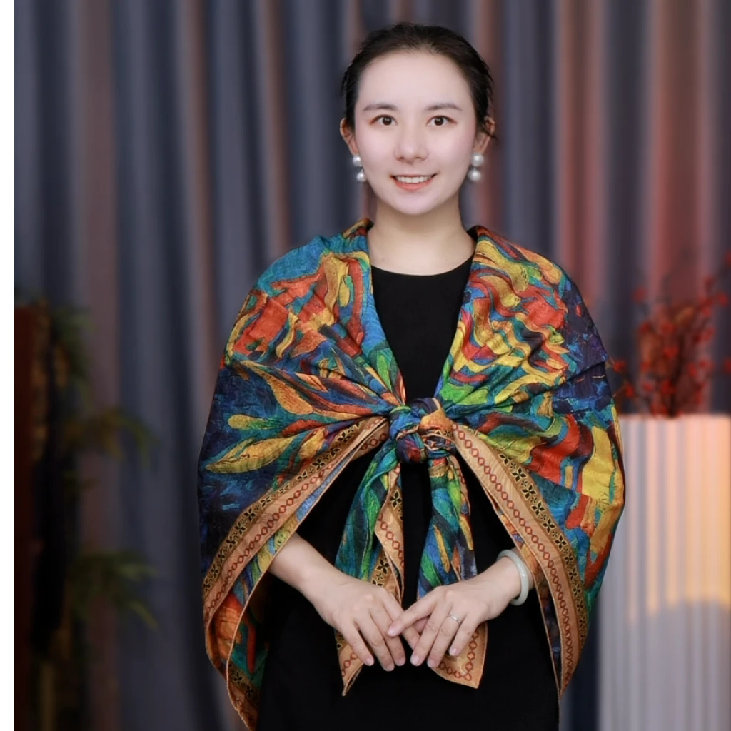 【艺术向日葵】香云苏罗油画百搭大方巾披肩双面双戴国风围巾丝巾