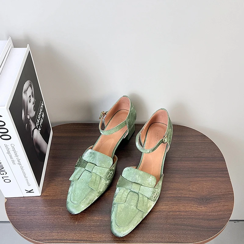 半坊手工女鞋|33-41|4.5cm|复古尖头国风牛皮中空一字带粗跟凉鞋