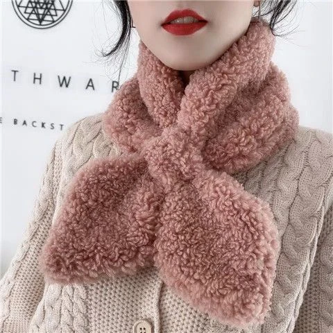 毛绒围巾女冬款羊羔毛韩版交叉围脖加厚保暖学生百搭护颈调节脖套