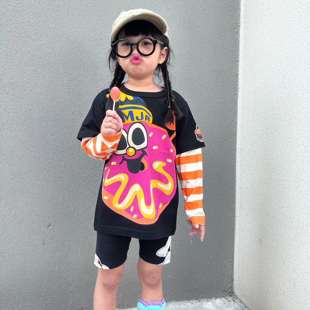 闲闲高品质童装 jam童装春秋款超人甜甜圈男女童假两件长袖T恤