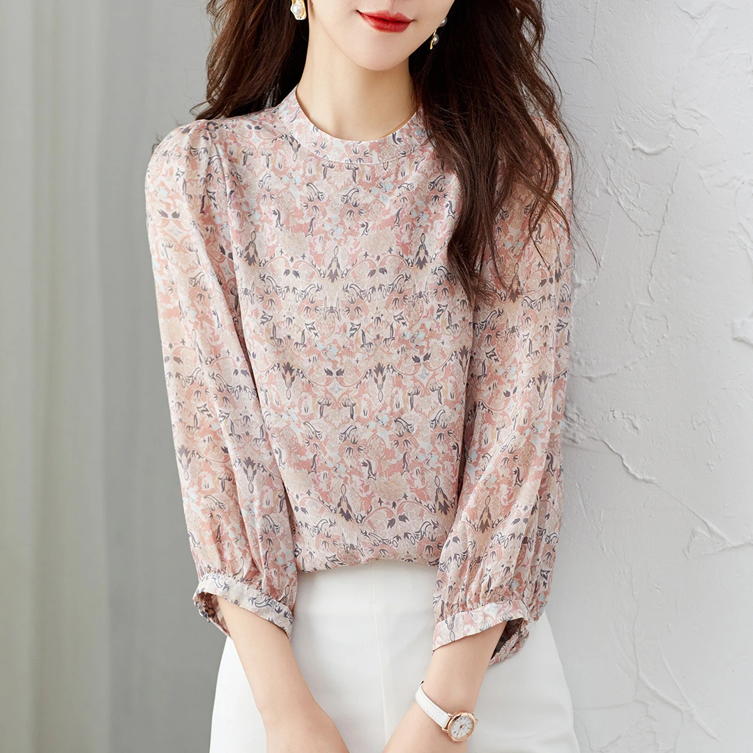 斑马 100%桑蚕丝双皱内外2层粉色气质优雅桑蚕丝碎花上衣