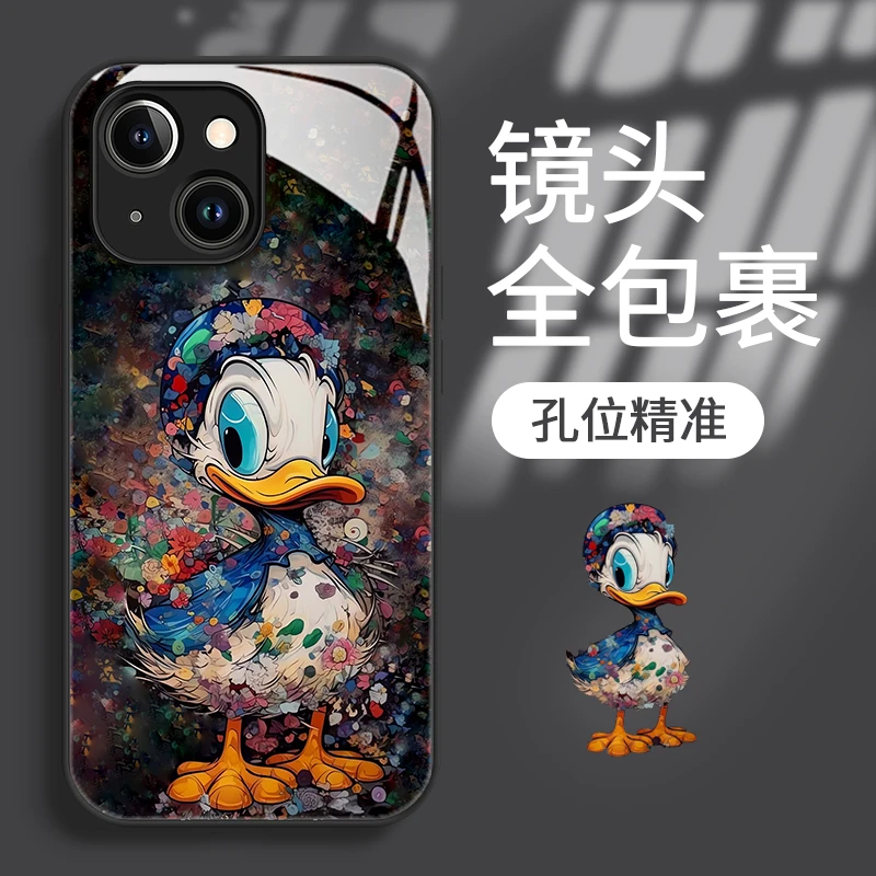 适用于iphone14promax/15苹果12手机保护壳卡通玻璃壳唐老鸭13pro