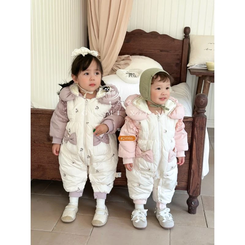 冬季婴儿宝宝连帽保暖花朵帽蝴蝶结口袋白鸭绒羽绒服4986