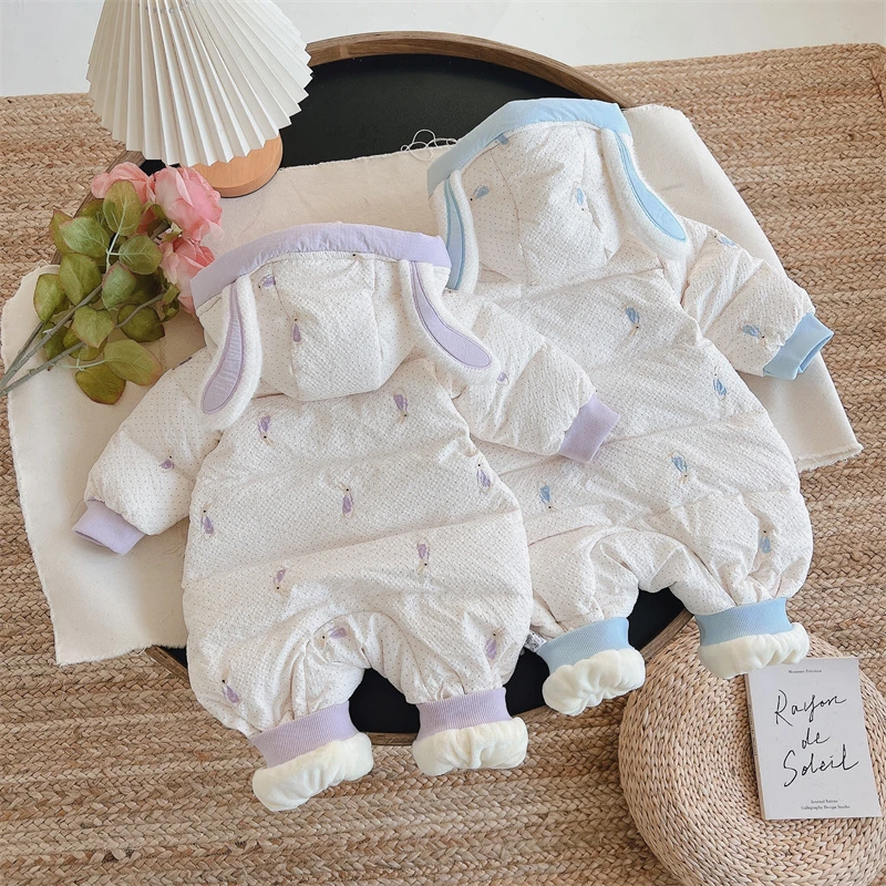 冬季宝宝刺绣小兔子连体羽绒服加绒加厚保暖零下6337