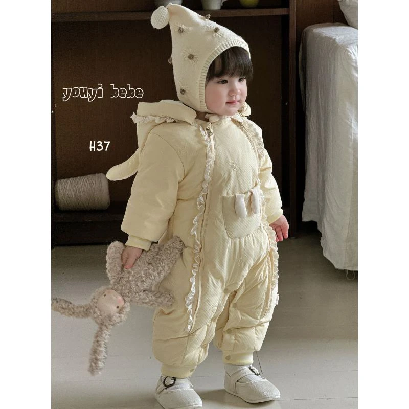 婴儿羽绒服冬季连体衣蕾丝边双拉链兔耳朵口袋白鸭绒羽绒服2437