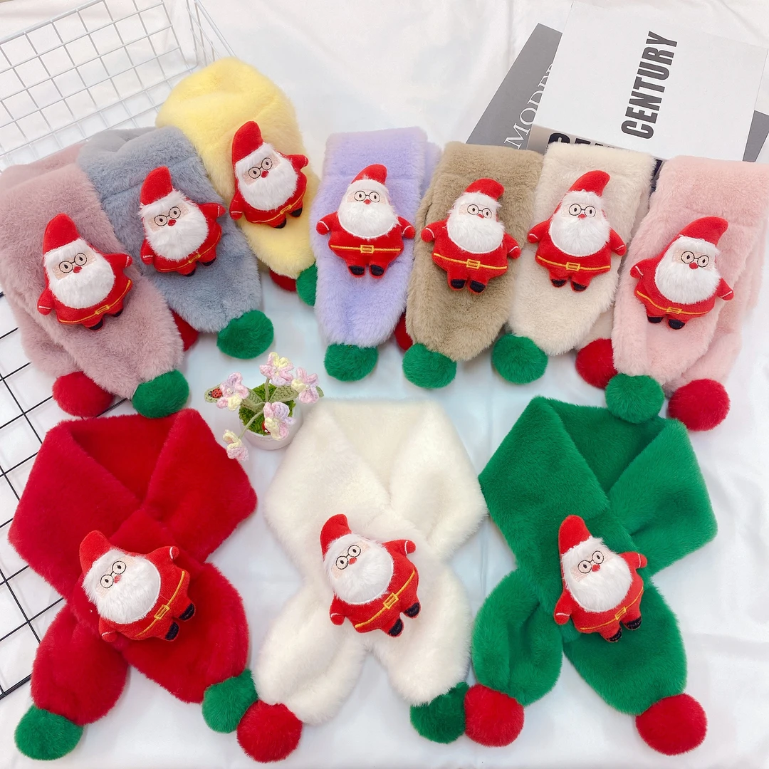 新款圣诞毛绒围巾新年男女秋冬保暖围脖单色可爱卡通围巾