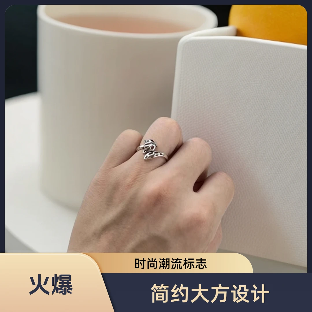 足银戒指 小狐狸戒指女夏纯银小众个性可调节复古饰品ins冷淡风