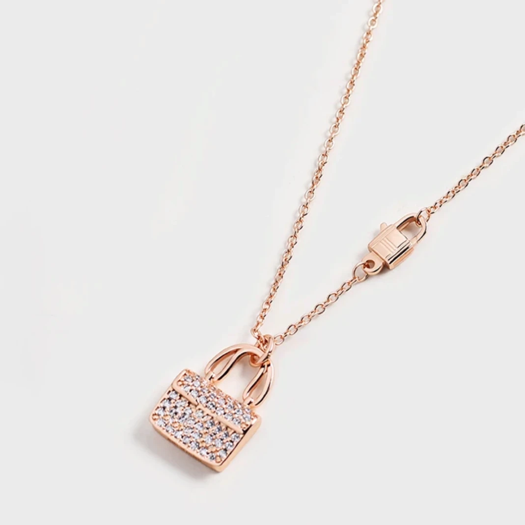 吊坠925银 包包项链满钻吊坠轻奢时尚锁骨链礼物H42