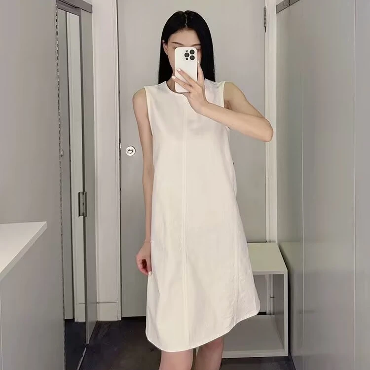 c.s家 100棉 牛仔连衣裙 船领后系带  中长款无袖背心裙