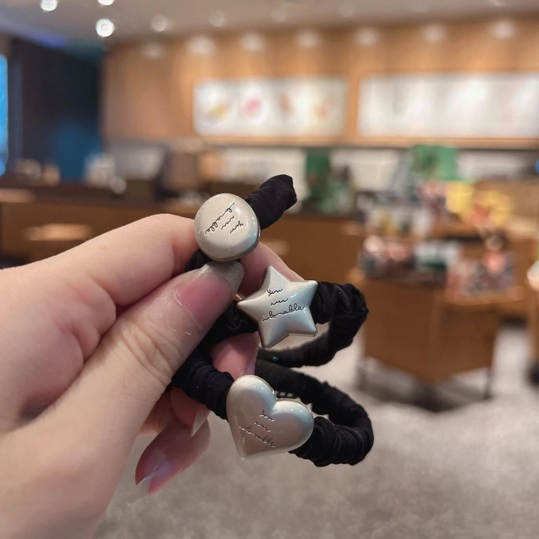 高级银色金属字母爱心五角星发圈超弹力不勒头皮筋头绳网红发绳