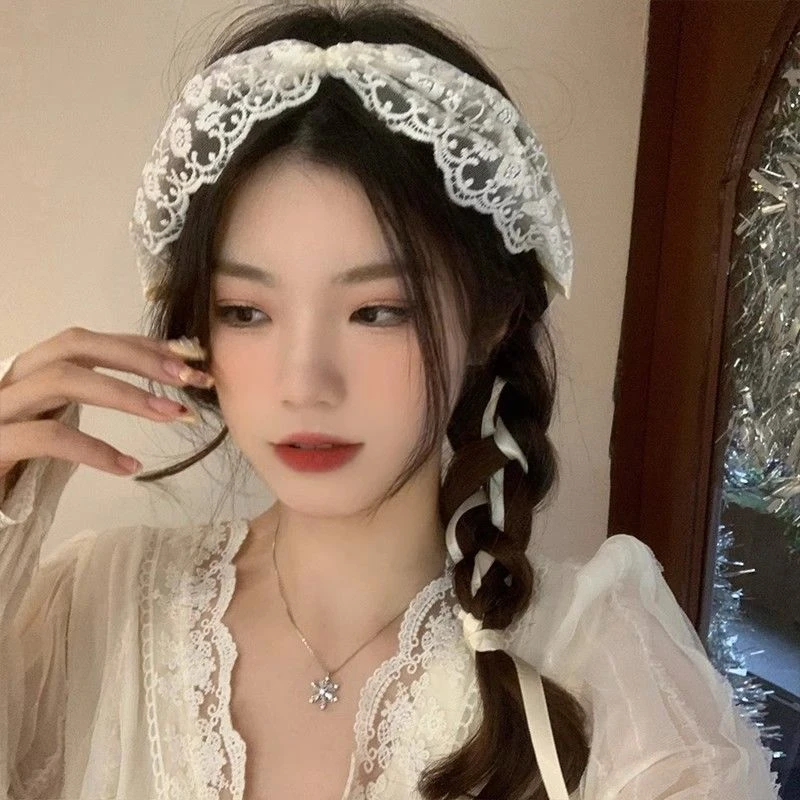 法式白色蕾丝发带女夏发带一体系带飘带绑发头巾薄款仙女编发丝带