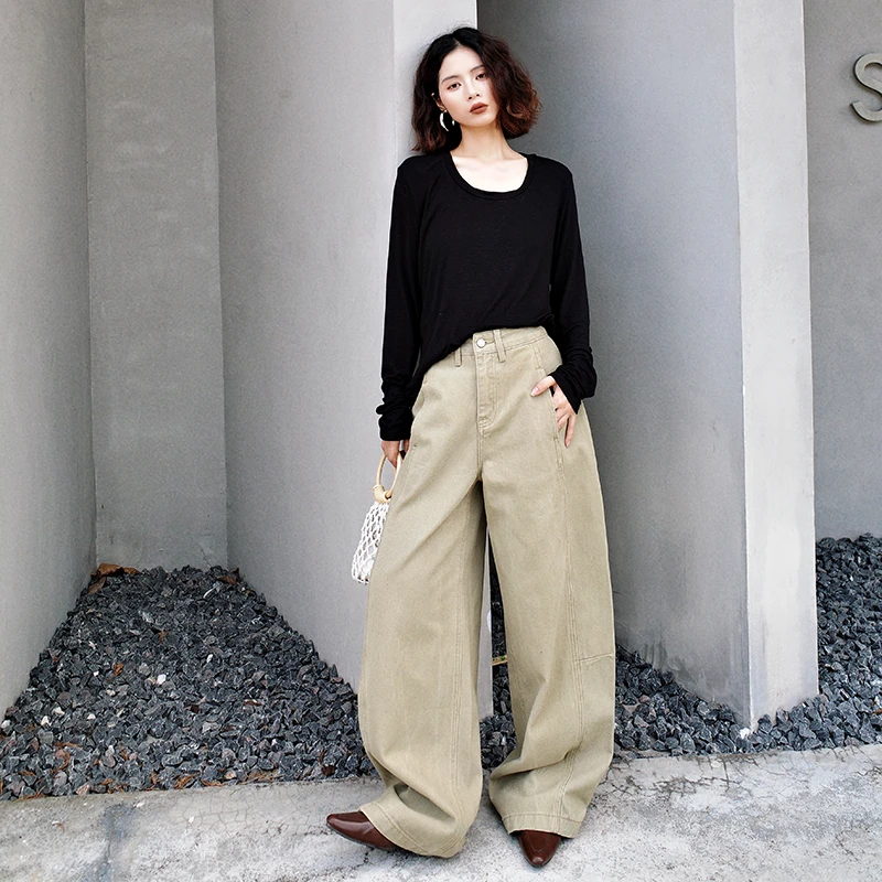 老钱风弯刀阔腿牛仔裤女宽松 XV73173#