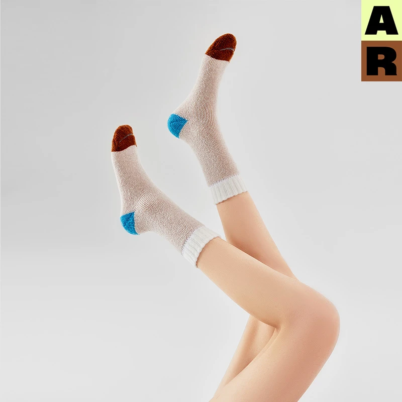 AR原创r线羊毛撞色毛圈中筒袜女2023新款秋冬保暖地板袜厚基础线