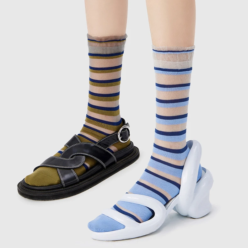 AR渐变条卡丝拼色中筒袜轻薄透气撞色时尚短袜中长款情侣袜