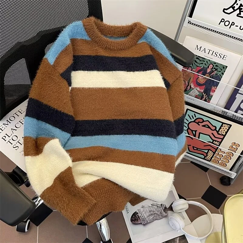 针织衫条纹软糯水貂绒加厚毛衣男生vintage保暖内搭套头长袖上衣