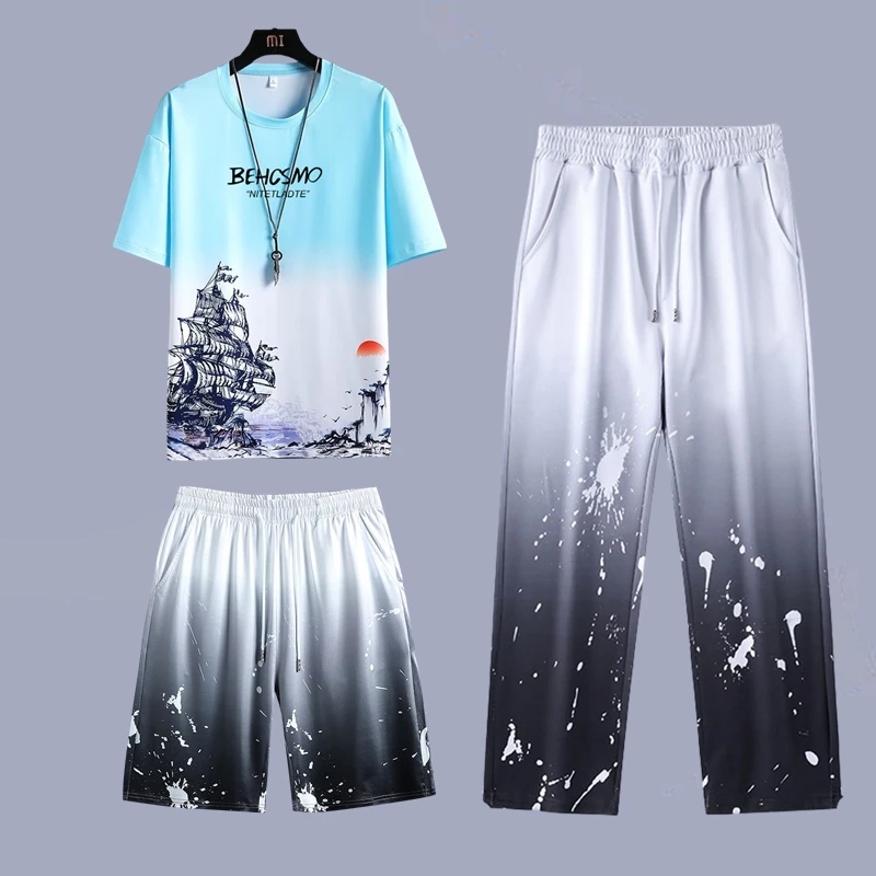 渐变色短袖T恤套装夏季新款青少年时尚百搭帅气冰丝五分袖体恤衫