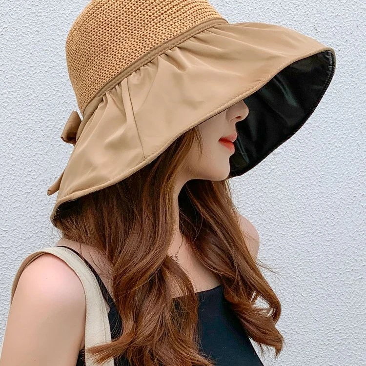 黑胶蝴蝶结遮阳帽女防晒帽子夏遮脸大檐太阳渔夫帽大头围