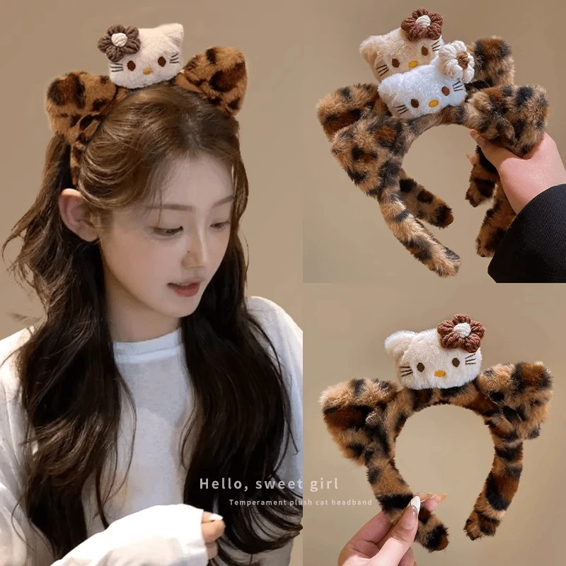 可爱猫咪酱豹纹毛绒发箍黑皮Kitty猫耳朵女洗脸化妆头箍卡通发饰