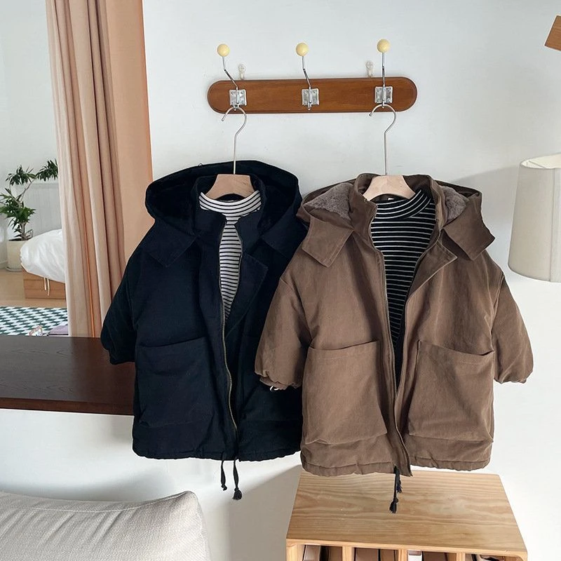 巴拉拉吧男童加绒保暖棉衣冬装仿兔毛派克棉服男女童韩版一件过冬