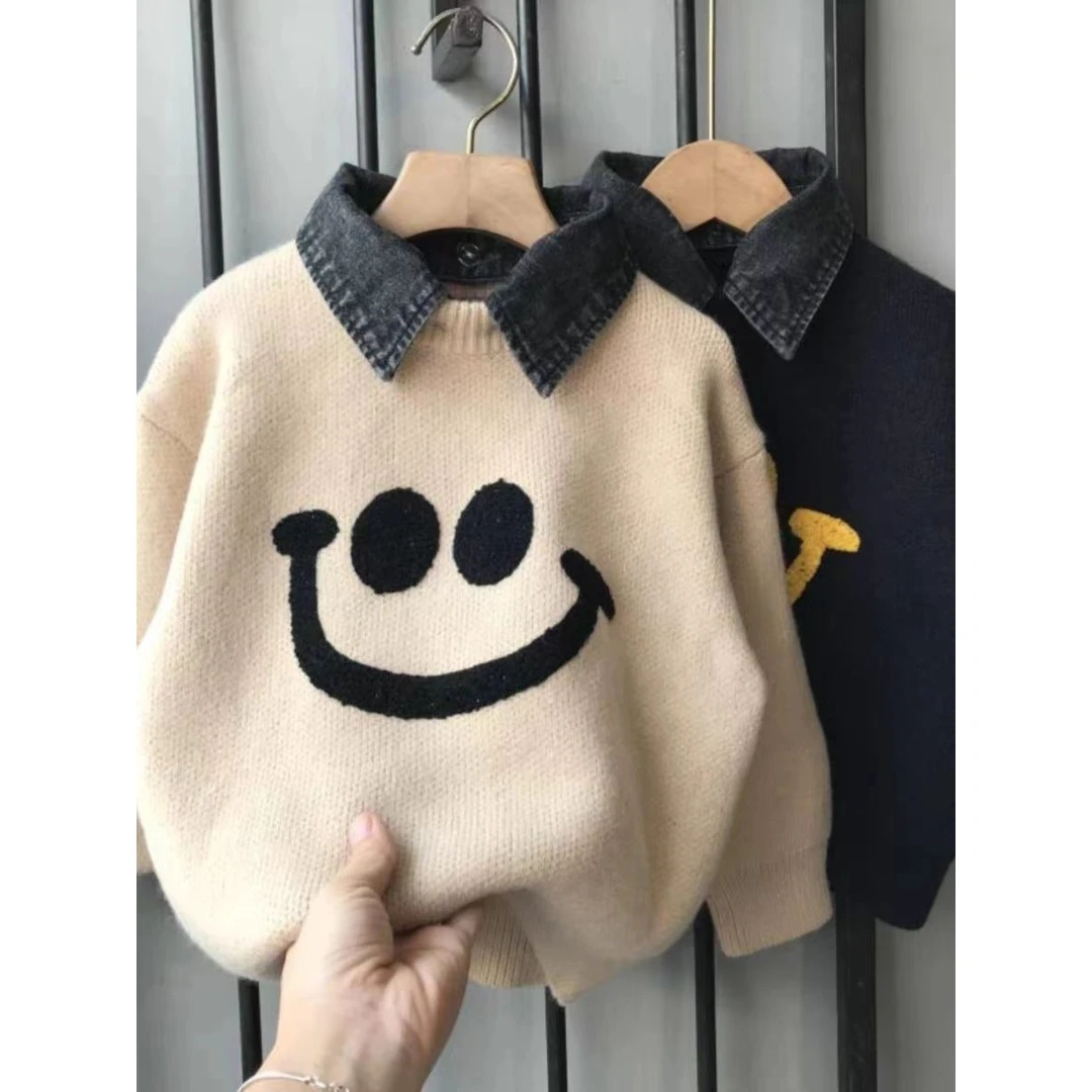 冬季假两件翻领毛衣2023洋气新款中大童儿童针织衫炸街痞帅上衣潮