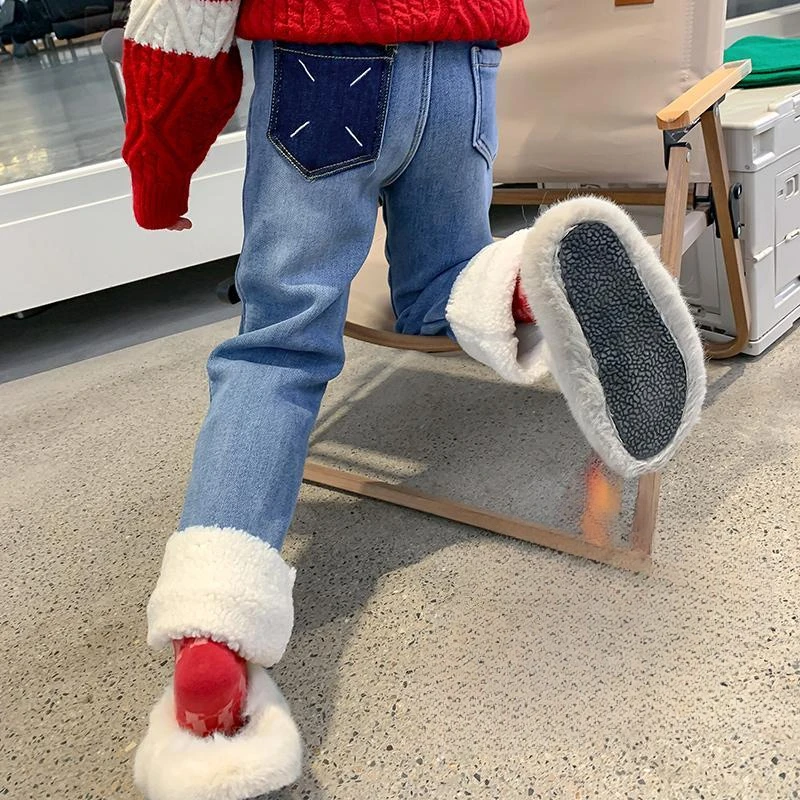 女童加绒牛仔裤宝宝新款女孩直筒裤子中大童加厚小女孩休闲裤