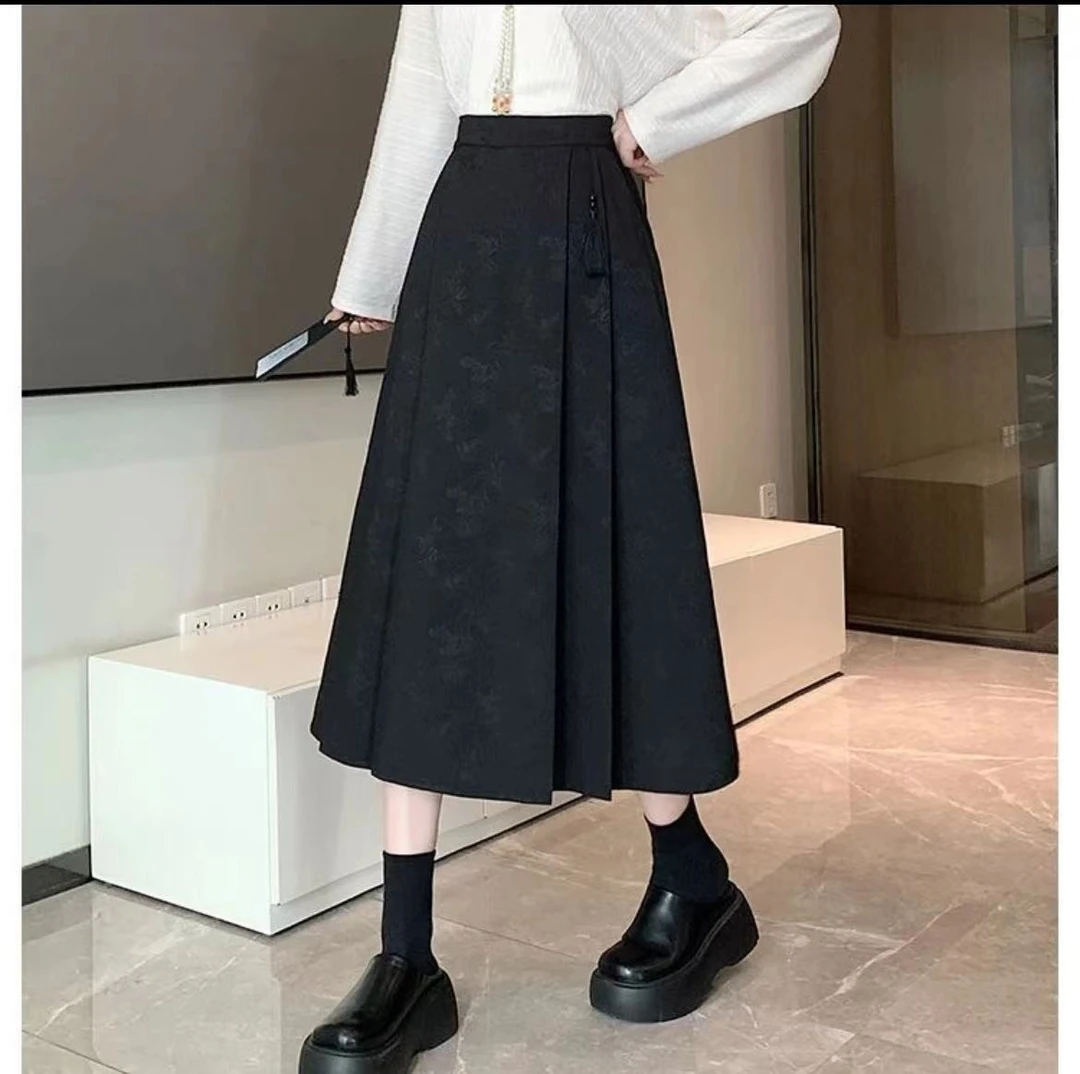 新中式国风提花半身裙女春高腰显瘦a字百褶裙后松紧腰气质马面裙