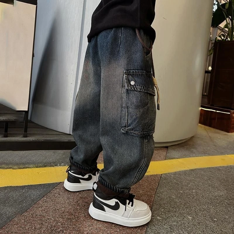 男童牛仔裤冬装儿童一体绒工装裤子2023新款中大童秋冬款加绒长裤