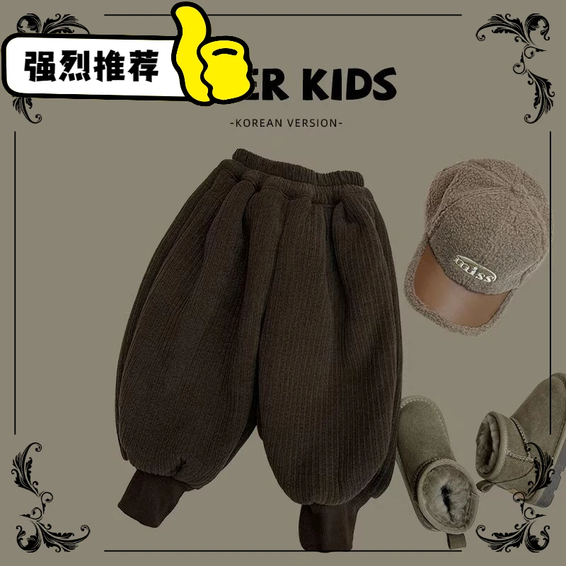 加绒裤子一条过冬韩版女童宽松宝宝灯芯绒宝宝绒裤子保暖外穿冬季