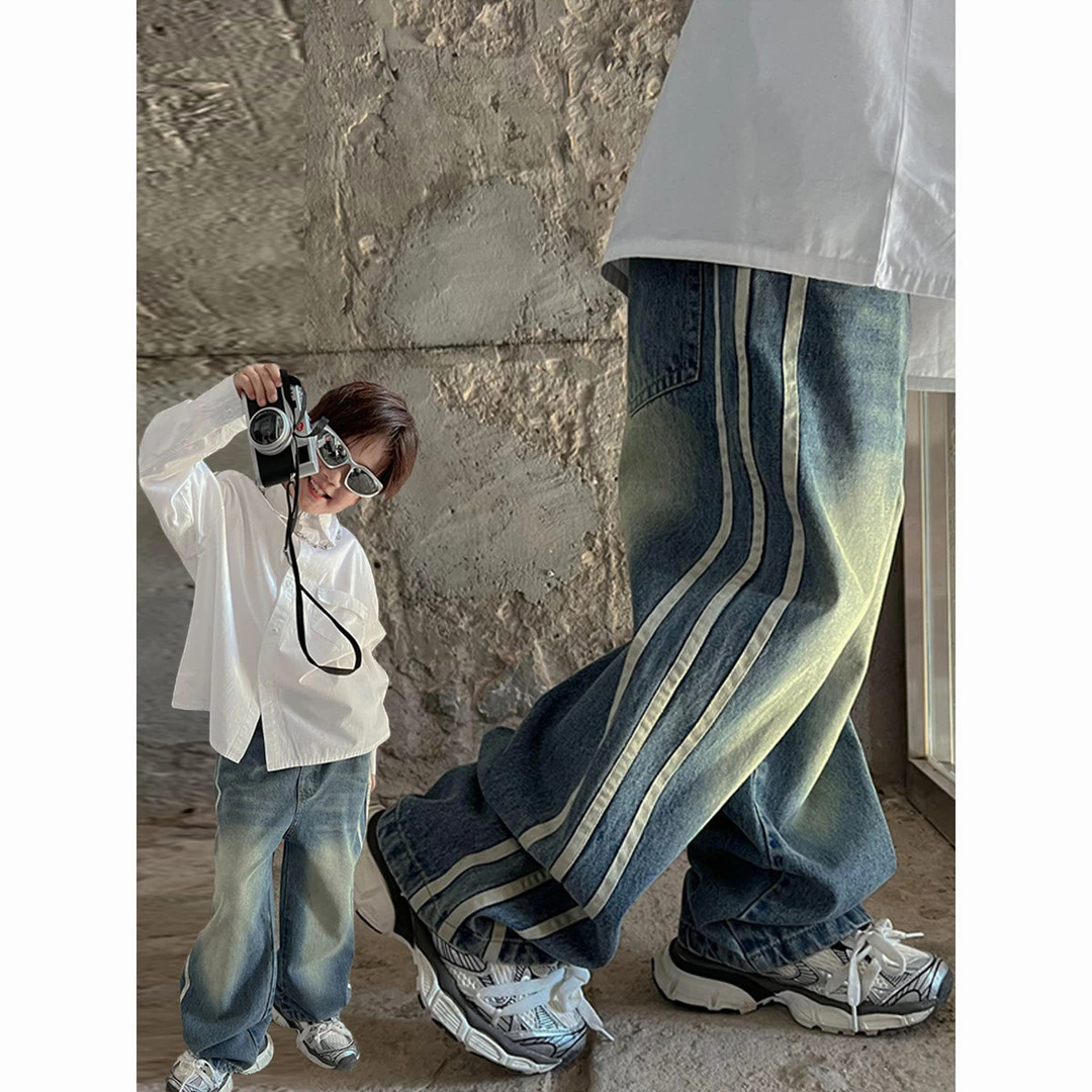 宽松秋季港风美式高街童装秋冬季新款男童做旧牛仔裤宝宝筒长裤潮