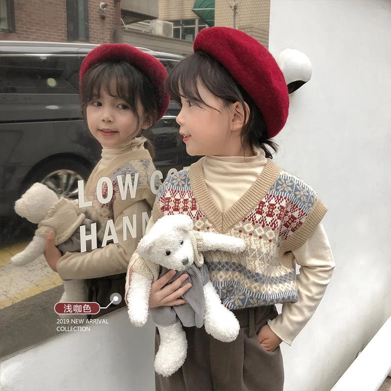 咖色儿童韩版针织毛衣马甲冬装新款男女宝宝民族风内搭V领潮洋气