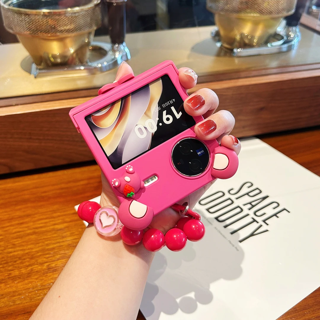 适用vivo xflip手机壳折叠屏可爱草莓熊耳朵铰链全包肤感女保护套