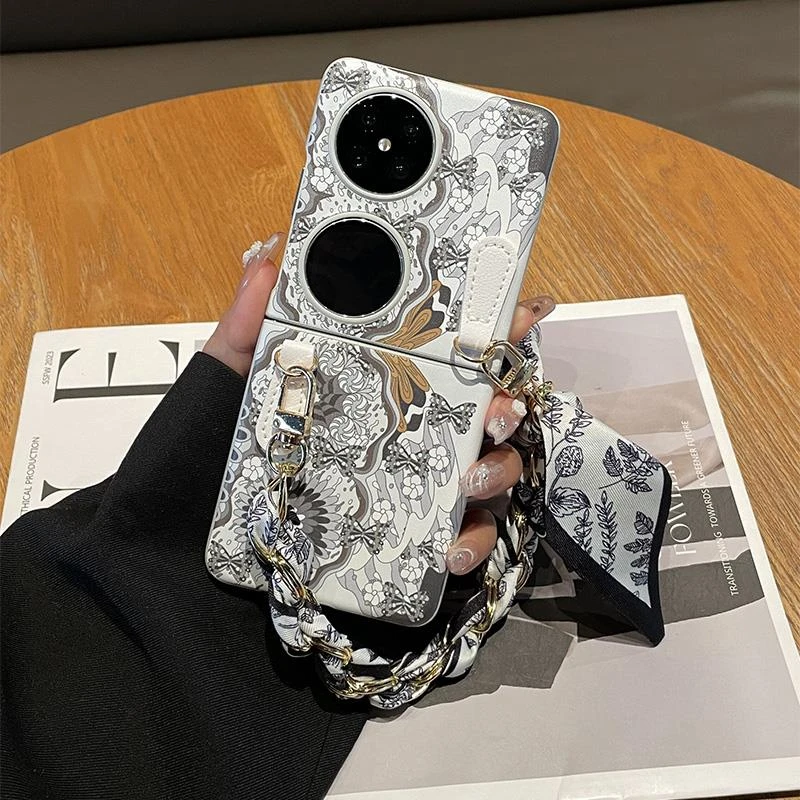 适用华为P50 Pocket 2手机壳折叠屏官方同款丝巾链防摔皮质保护套