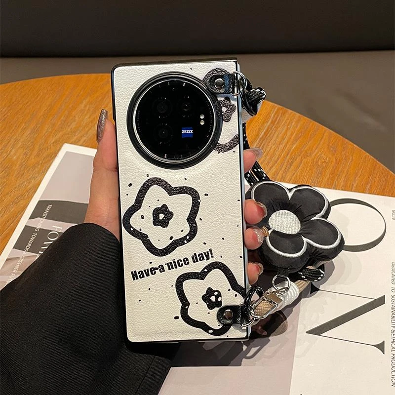 适用vivo x fold3 pro折叠屏手机壳简约花朵潮牌全包皮质女保护套