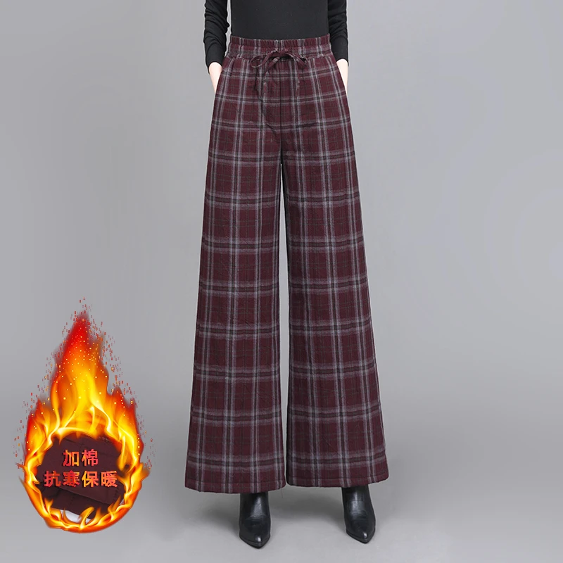 高端棉麻松紧腰格子棉裤阔腿裤女秋冬新款加厚高腰夹棉休闲裤长裤